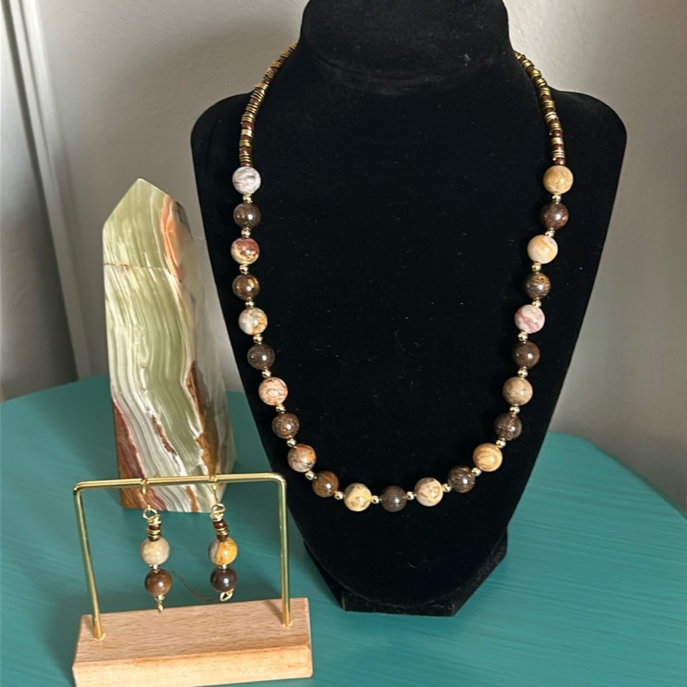 New Artisan Handcrafted Agate and Bronzite  Gemstone Bead Necklace Earrings Set